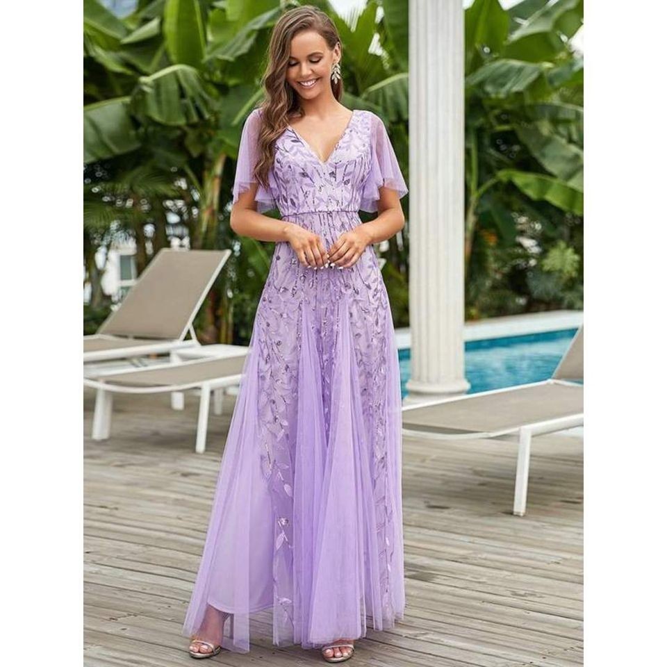 Sally sequin and tulle ball or evening dress with flutter sleeve